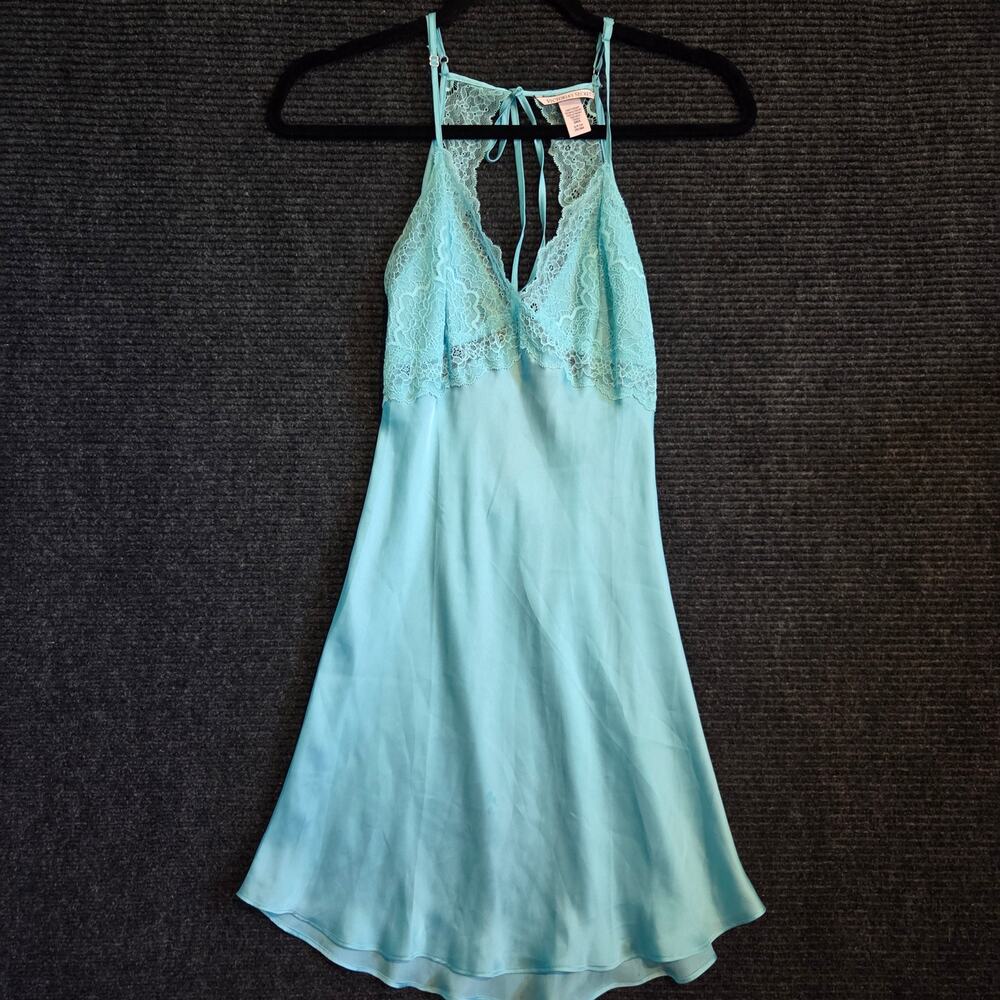 Victoria's Secret Aqua Blue Lace Backless Halter Chemise Slip Dress Y2k Small